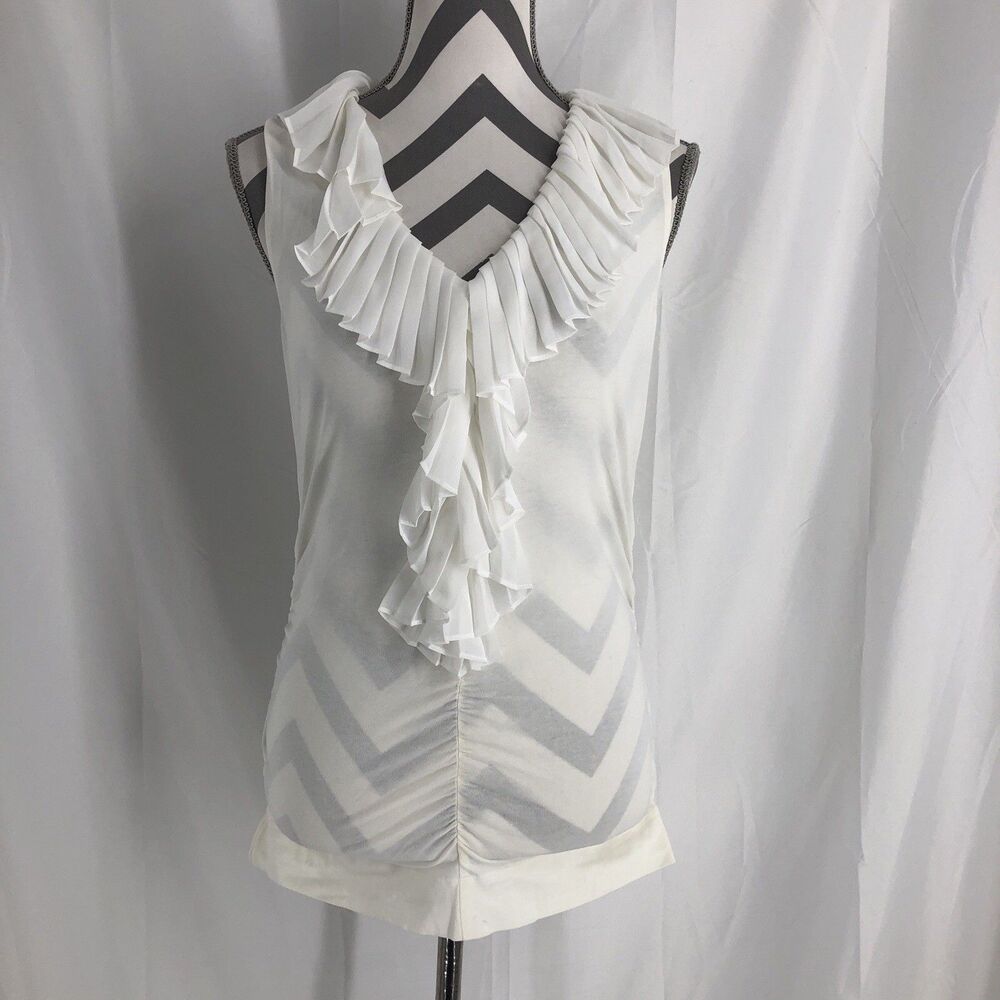 Cabi Women’s White Ruffle Collar Sleeveless Top Shirt Blouse Size Small S